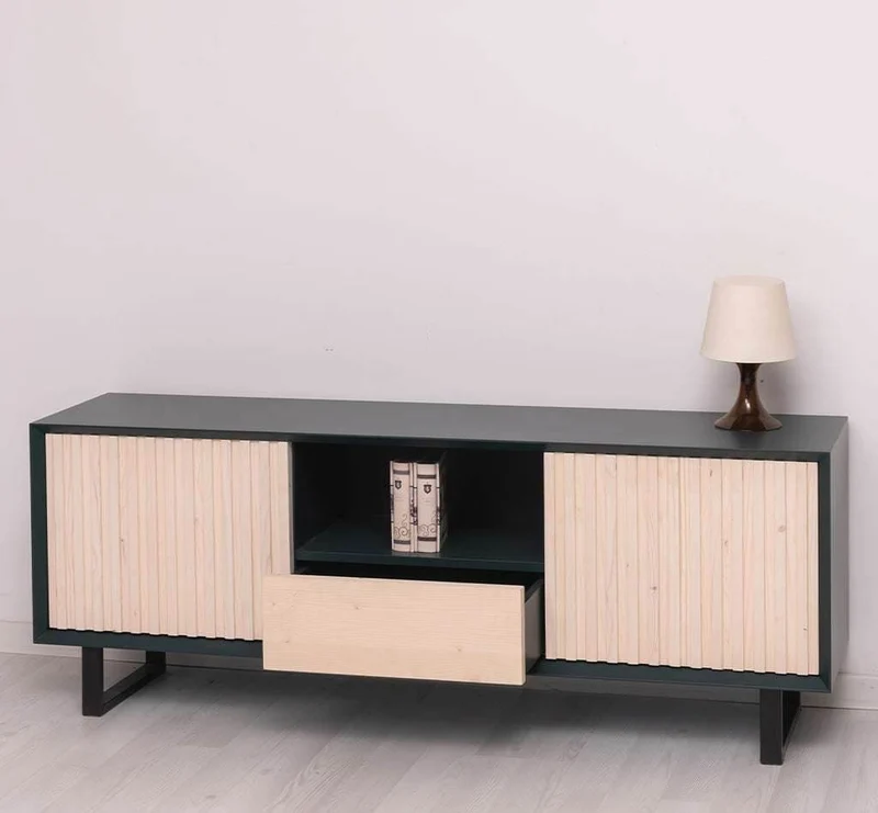TV-Board aus Massivholz | Flaches Sideboard mit 2 Türen und Schublade