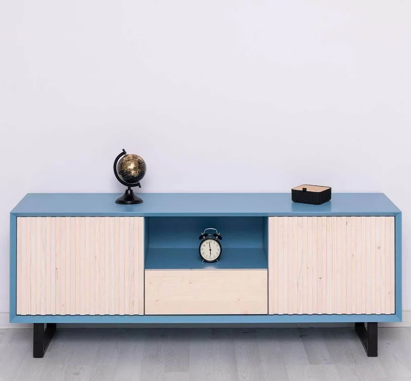 TV-Board aus Massivholz | Flaches Sideboard mit 2 Türen und Schublade