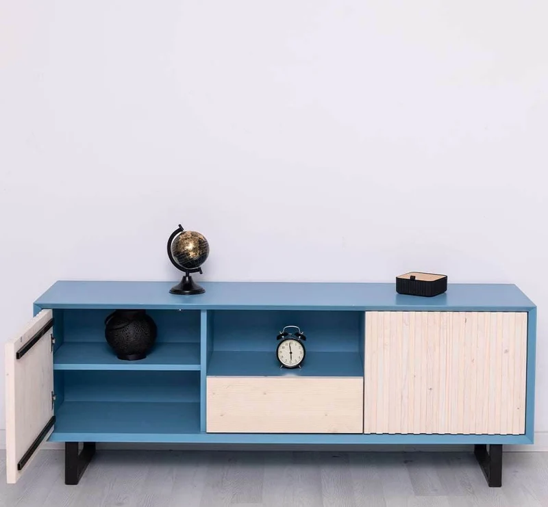 TV-Board aus Massivholz | Flaches Sideboard mit 2 Türen und Schublade