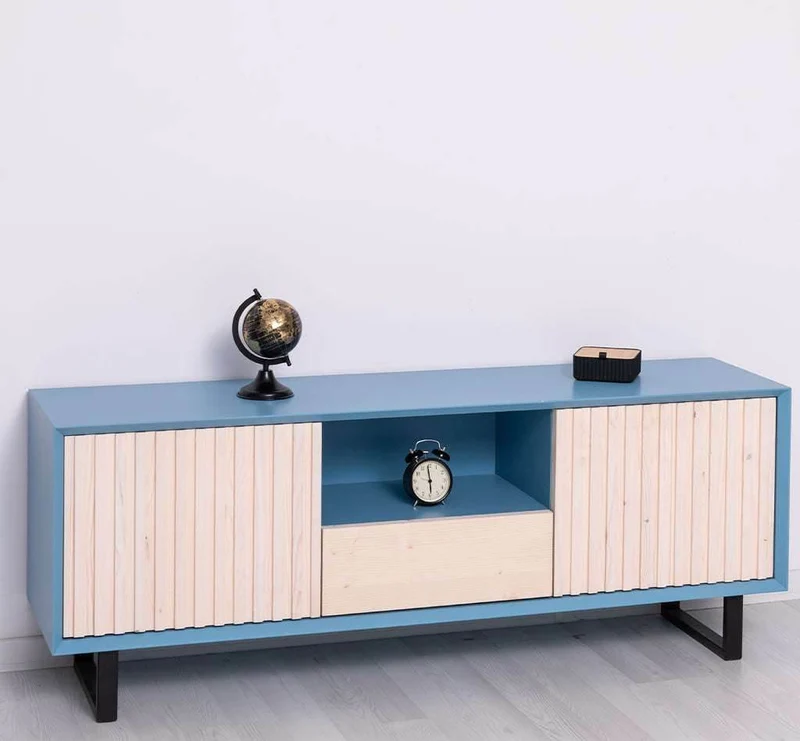 TV-Board aus Massivholz | Flaches Sideboard mit 2 Türen und Schublade