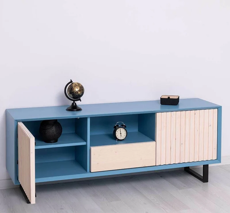 TV-Board aus Massivholz | Flaches Sideboard mit 2 Türen und Schublade