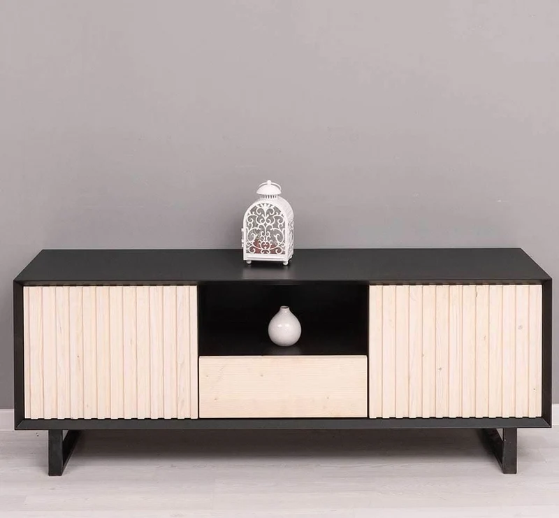TV-Board aus Massivholz | Flaches Sideboard mit 2 Türen und Schublade