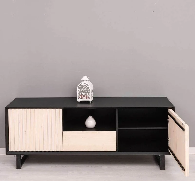 TV-Board aus Massivholz | Flaches Sideboard mit 2 Türen und Schublade