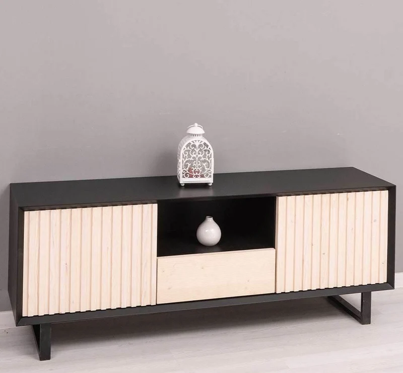 TV-Board aus Massivholz | Flaches Sideboard mit 2 Türen und Schublade