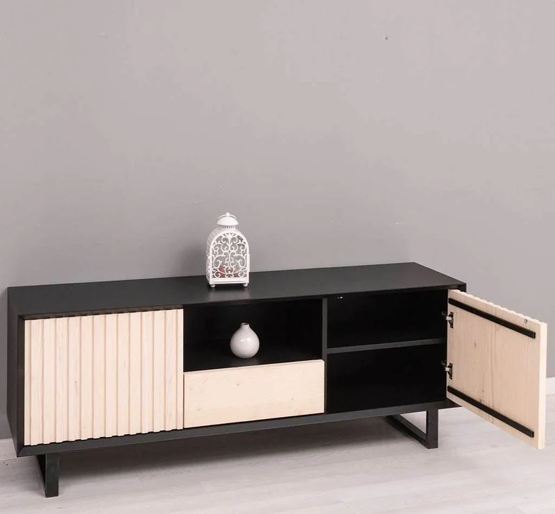 TV-Board aus Massivholz | Flaches Sideboard mit 2 Türen und Schublade