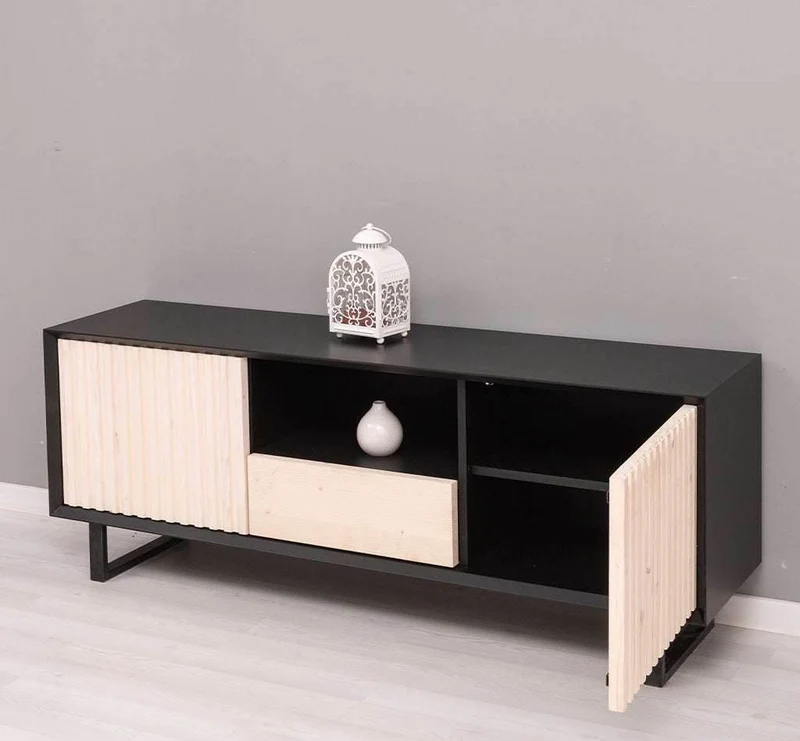 TV-Board aus Massivholz | Flaches Sideboard mit 2 Türen und Schublade
