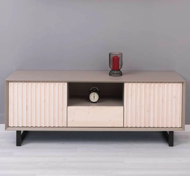 TV-Board aus Massivholz | Flaches Sideboard mit 2 Türen und Schublade