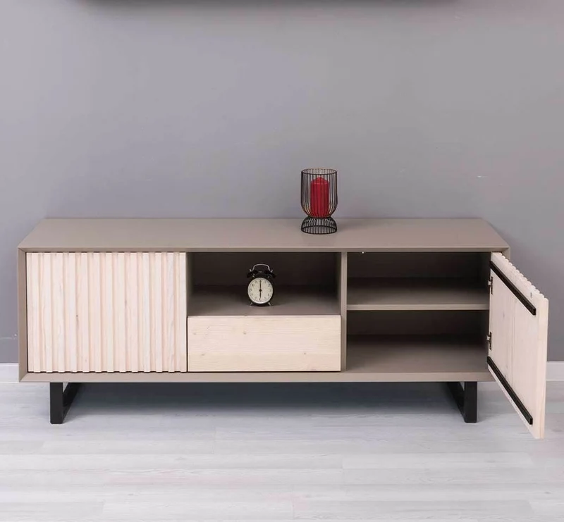 TV-Board aus Massivholz | Flaches Sideboard mit 2 Türen und Schublade