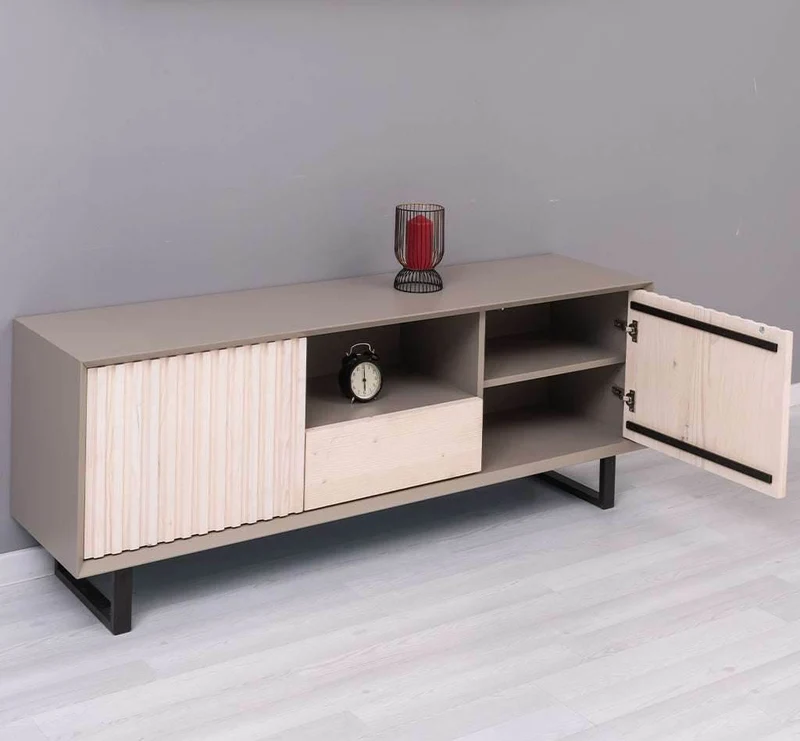 TV-Board aus Massivholz | Flaches Sideboard mit 2 Türen und Schublade