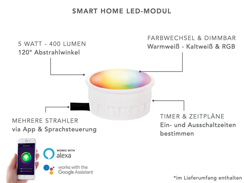 Flacher Bodeneinbaustrahler IP67 rund mit RGB Farbwechsel - Smart Home Alexa & Google