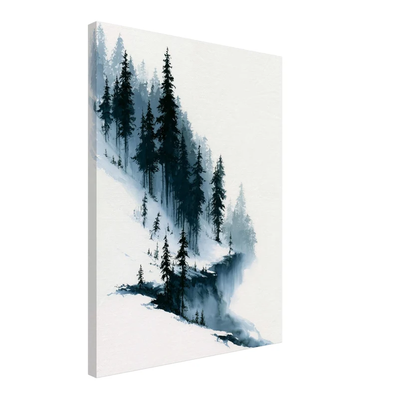 Verschneiter Tannenwald im Nebel Leinwand