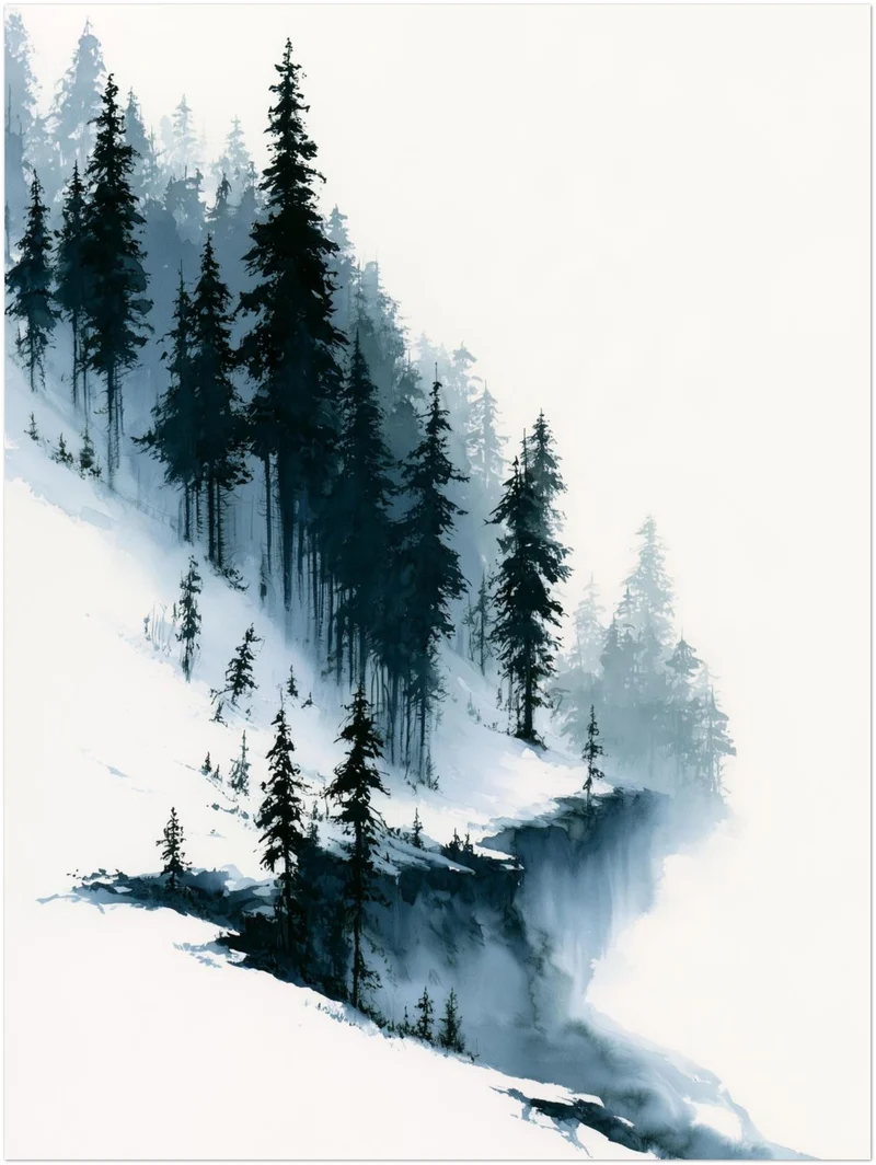 Verschneiter Tannenwald im Nebel Poster