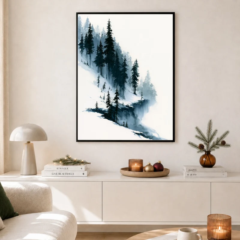 Verschneiter Tannenwald im Nebel Poster