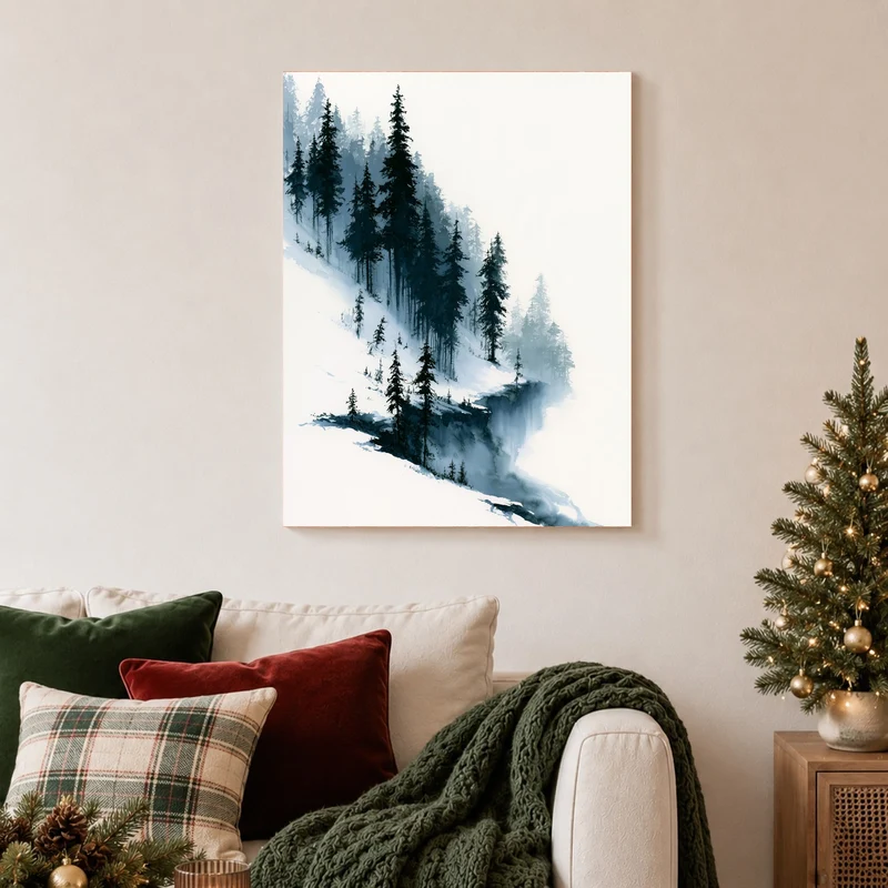 Verschneiter Tannenwald im Nebel Poster
