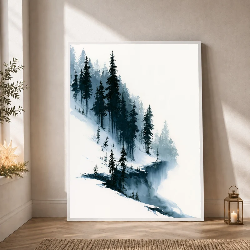 Verschneiter Tannenwald im Nebel Poster