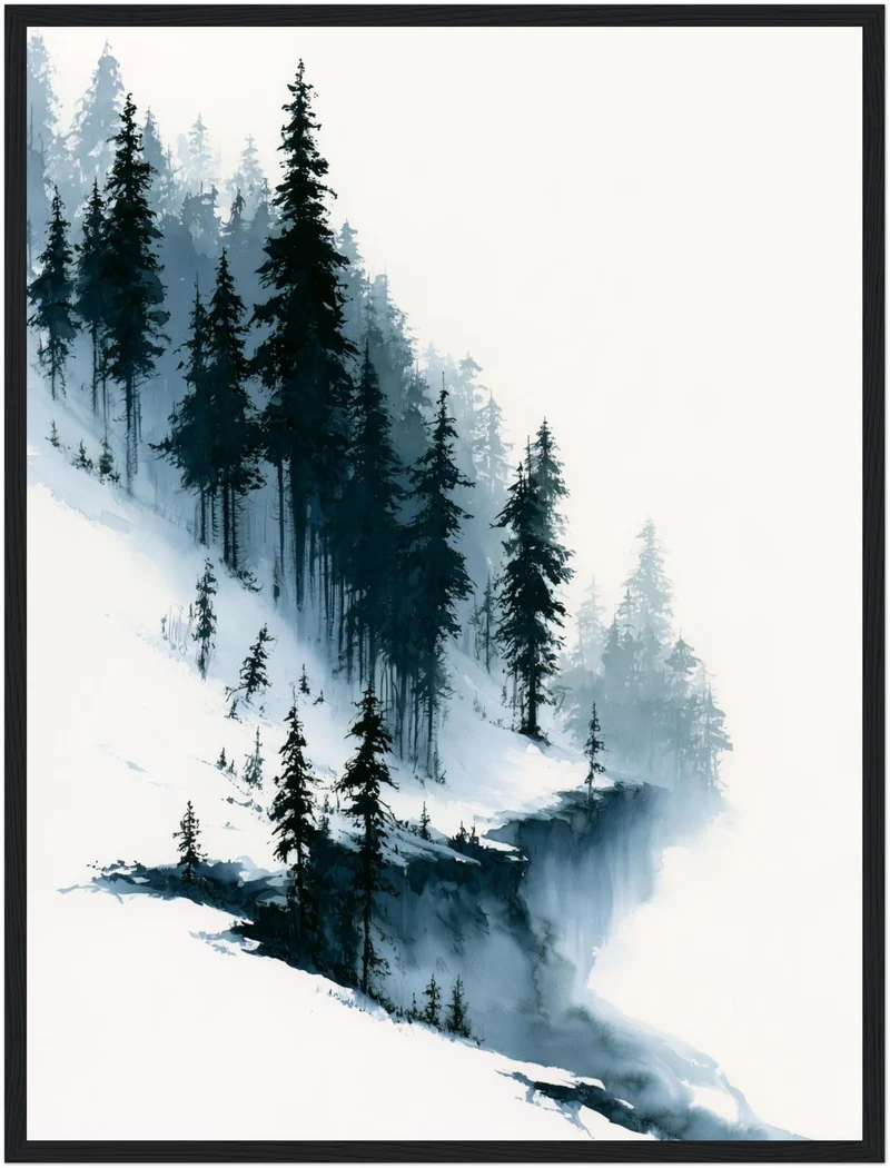 Verschneiter Tannenwald im Nebel Poster