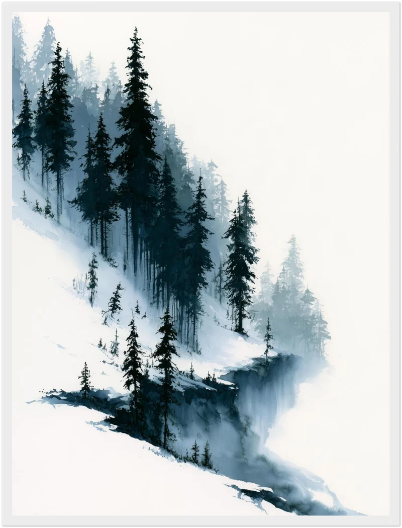 Verschneiter Tannenwald im Nebel Poster