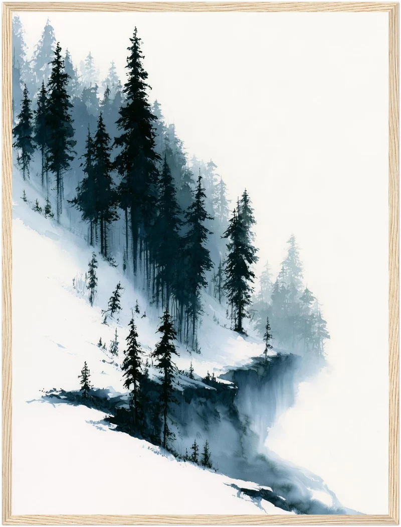 Verschneiter Tannenwald im Nebel Poster