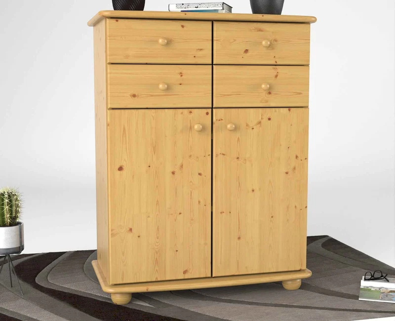 Anika Kommode Sideboard aus 100% Bio Kiefer Massivholz | 2-Türig | 4 Schubladen Anrichte