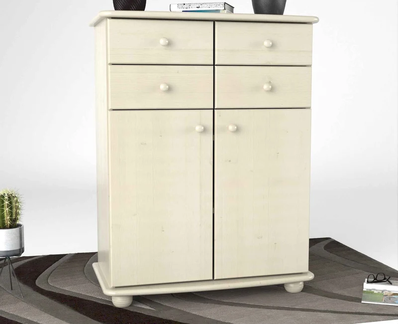 Anika Kommode Sideboard aus 100% Bio Kiefer Massivholz | 2-Türig | 4 Schubladen Anrichte
