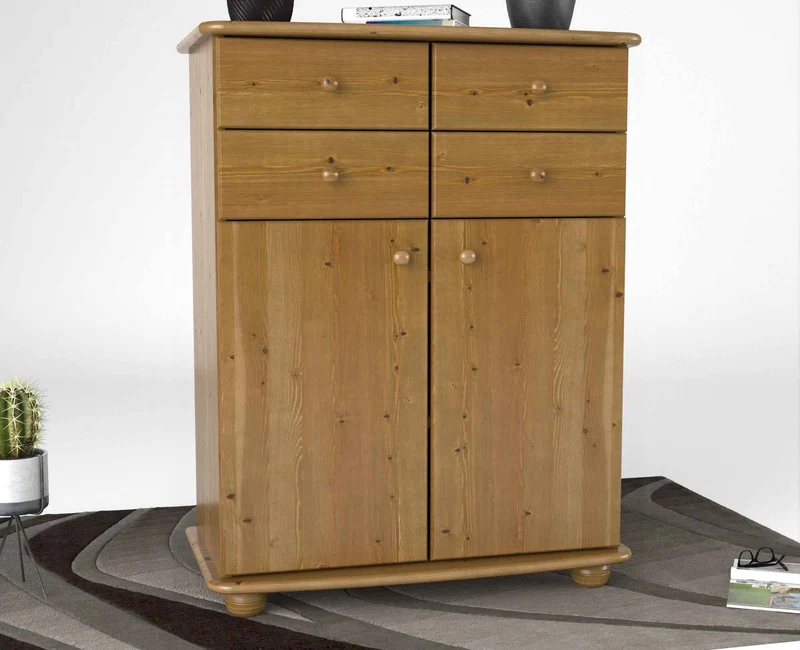 Anika Kommode Sideboard aus 100% Bio Kiefer Massivholz | 2-Türig | 4 Schubladen Anrichte