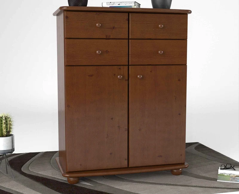 Anika Kommode Sideboard aus 100% Bio Kiefer Massivholz | 2-Türig | 4 Schubladen Anrichte