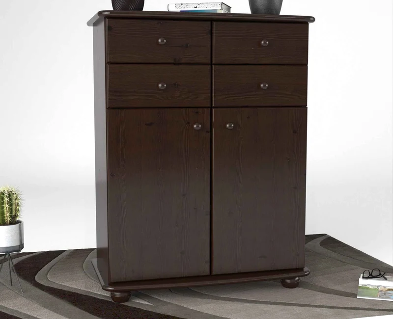 Anika Kommode Sideboard aus 100% Bio Kiefer Massivholz | 2-Türig | 4 Schubladen Anrichte