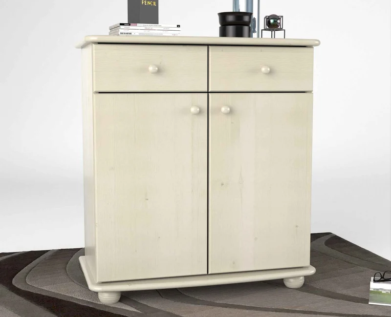 Anika Kommode Bio Kiefer Massivholz | Sideboard mit 2 Schubladen, 2 Türen und 2 Regalfächern