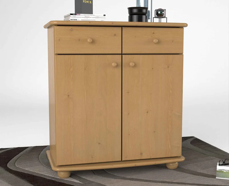 Anika Kommode Bio Kiefer Massivholz | Sideboard mit 2 Schubladen, 2 Türen und 2 Regalfächern