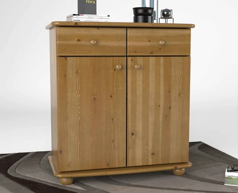 Anika Kommode Bio Kiefer Massivholz | Sideboard mit 2 Schubladen, 2 Türen und 2 Regalfächern