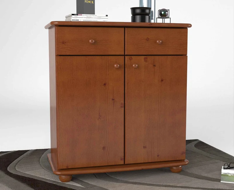 Anika Kommode Bio Kiefer Massivholz | Sideboard mit 2 Schubladen, 2 Türen und 2 Regalfächern