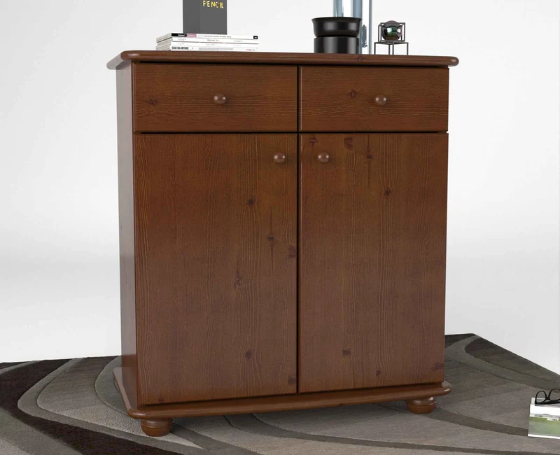 Anika Kommode Bio Kiefer Massivholz | Sideboard mit 2 Schubladen, 2 Türen und 2 Regalfächern