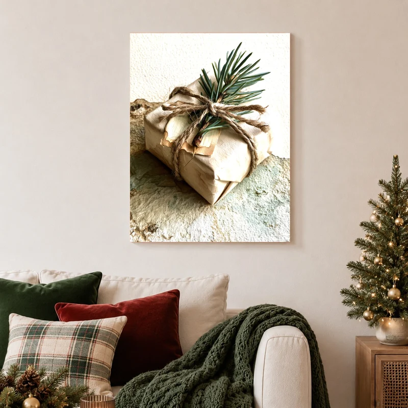 Wintergeschenk mit Tannenzweig Leinwand