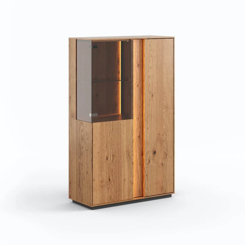 Beleuchtetes Sideboard Collodi aus massiver Wildeiche mit Rückwand in grober Holzstruktur