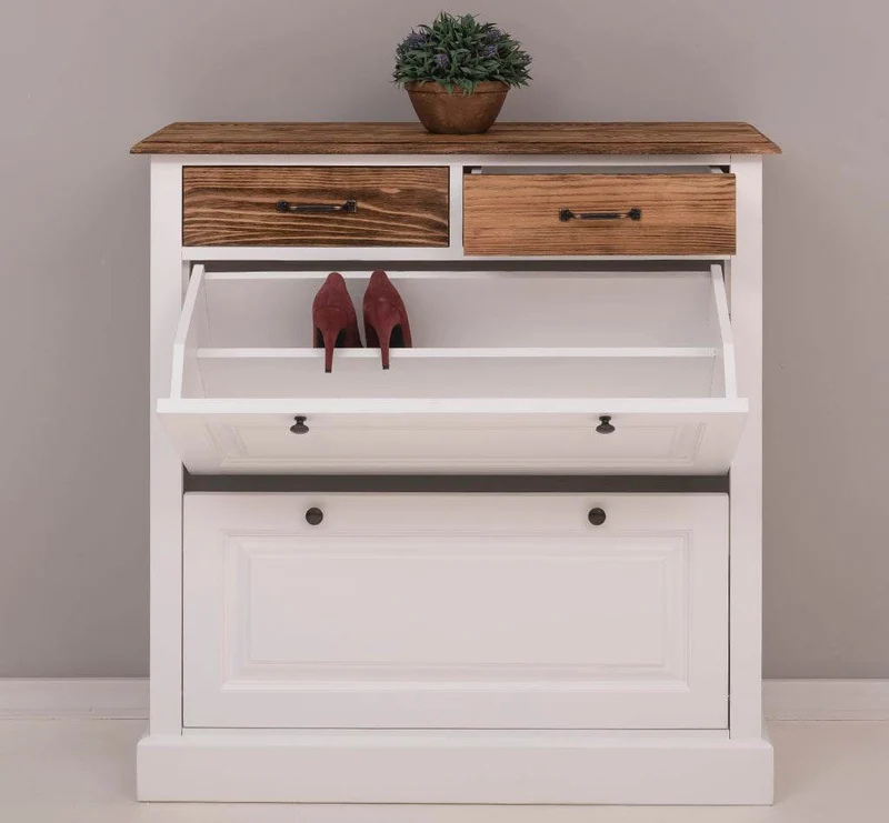 Schuhschrank aus Massivholz mit zwei Kippfächern - mit Holzkontrast
