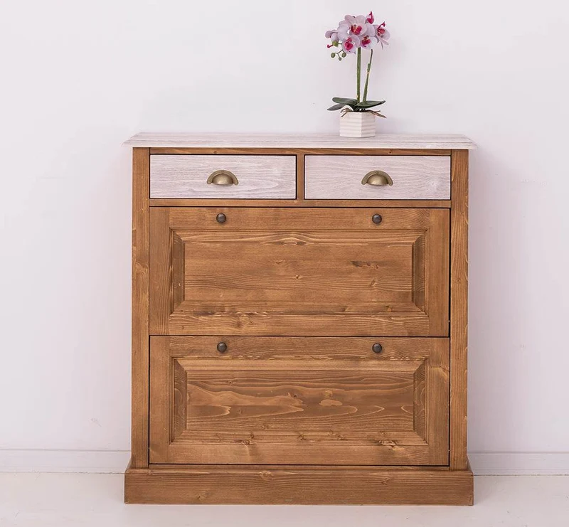 Schuhschrank aus Massivholz mit zwei Kippfächern - mit Holzkontrast