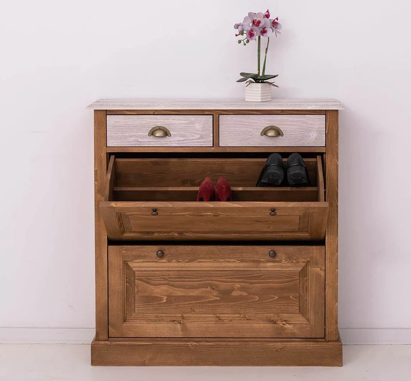 Schuhschrank aus Massivholz mit zwei Kippfächern - mit Holzkontrast