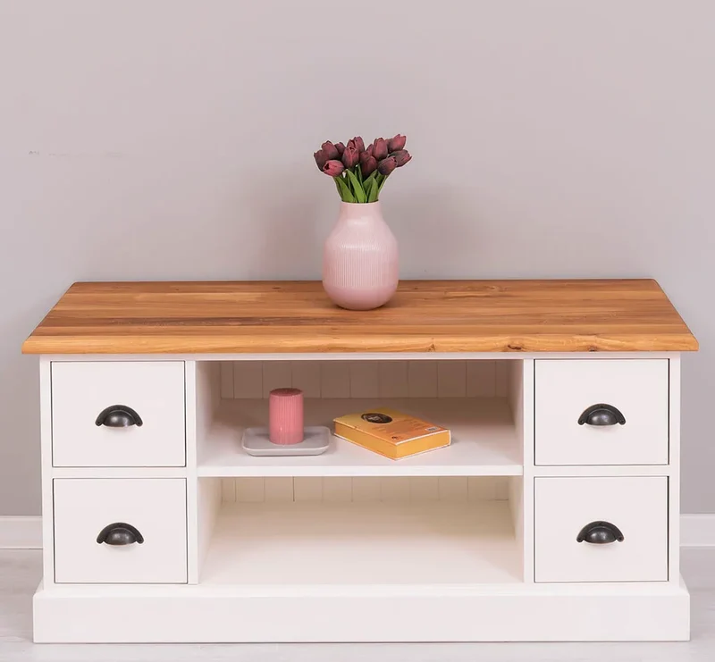 TV-Board aus Massivholz mit 4 Schubladen und Ablage aus Eiche
