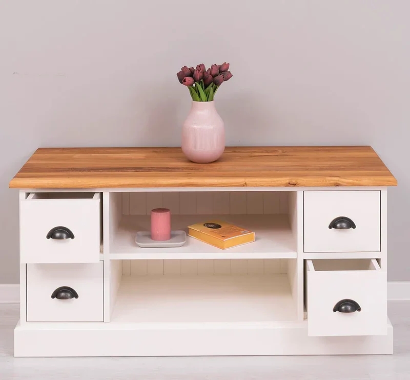 TV-Board aus Massivholz mit 4 Schubladen und Ablage aus Eiche