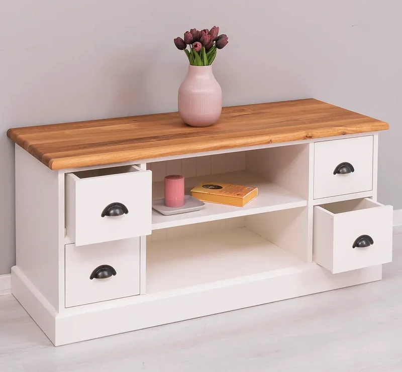 TV-Board aus Massivholz mit 4 Schubladen und Ablage aus Eiche