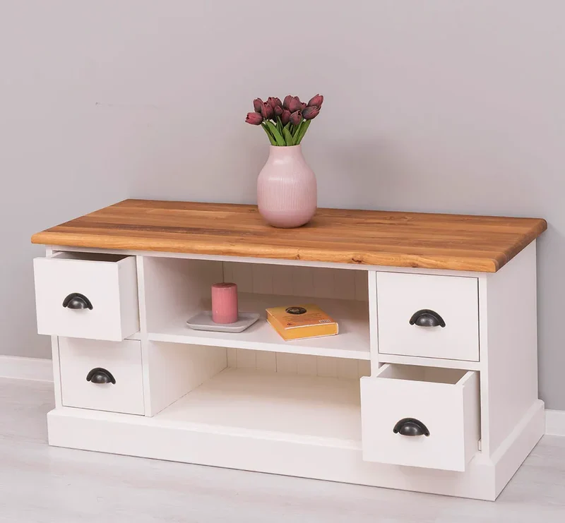 TV-Board aus Massivholz mit 4 Schubladen und Ablage aus Eiche