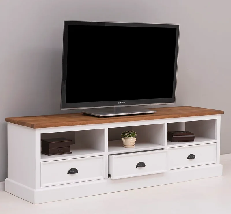 TV-Board aus Massivholz mit drei Schubladen | mit Eichenplatte