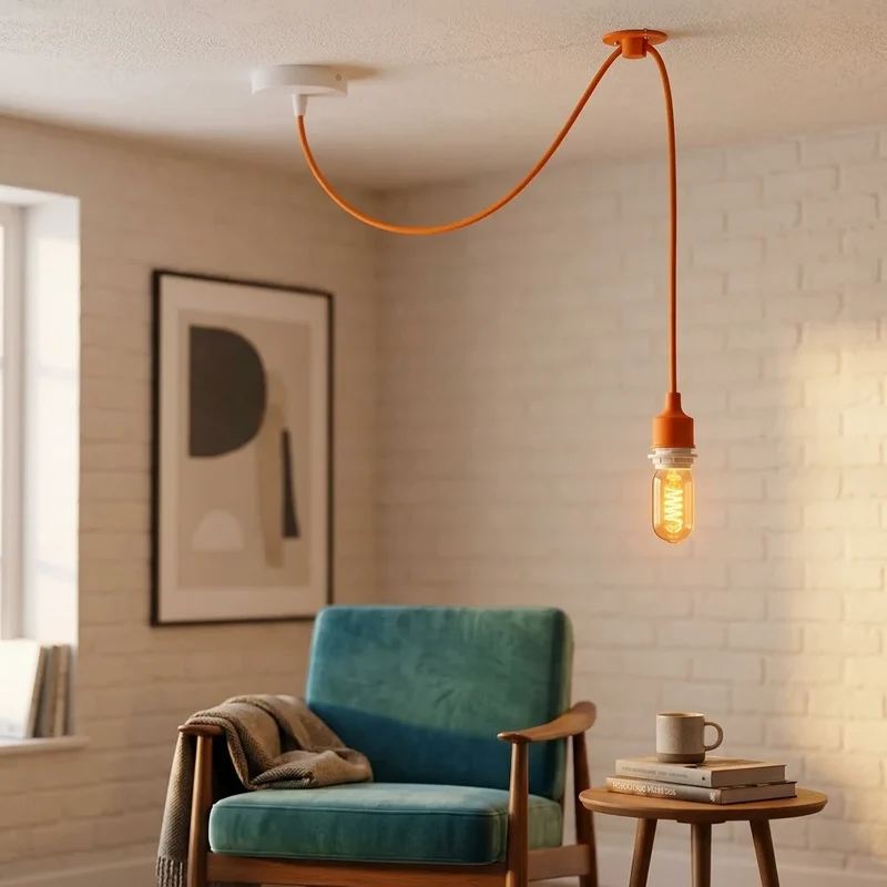 Moderne dezentrale Hängelampe einzeln | 2m buntem Textilkabel Pendel E27 ~3404