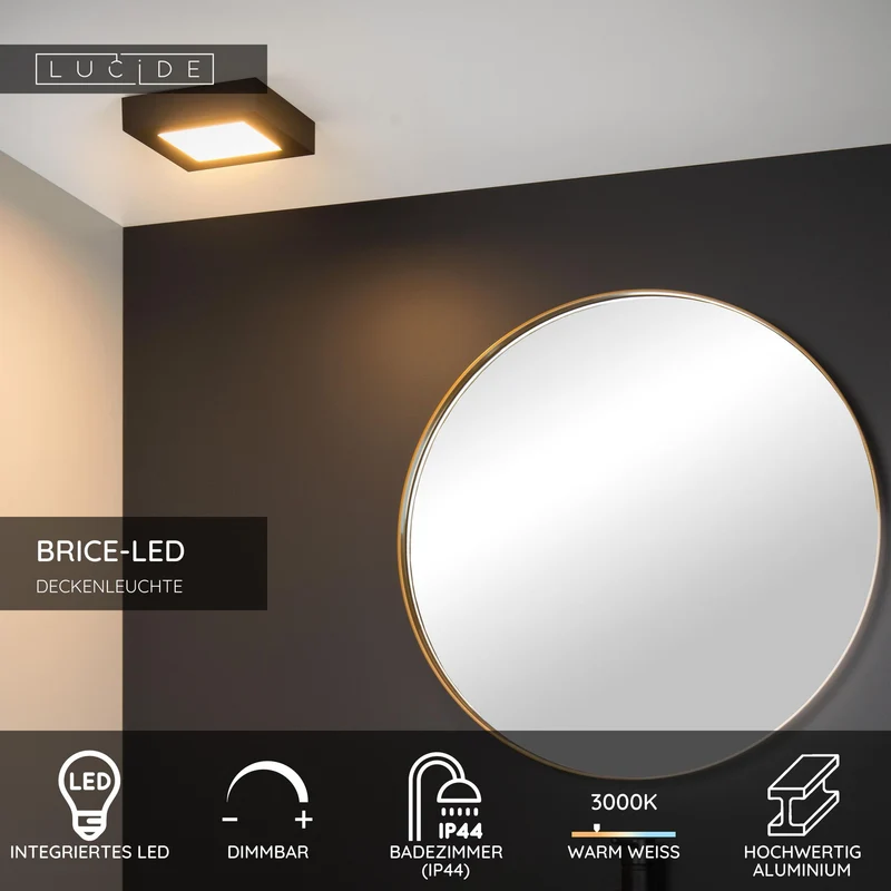 LED-Deckenleuchte Brice dimmbar IP44 quadratisch 16,8x16,8cm