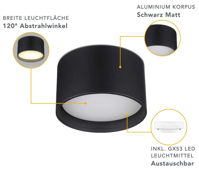 Flache Aufbauleuchte in Schwarz rund inkl. LED GX53 6W Dimmbar - Mira