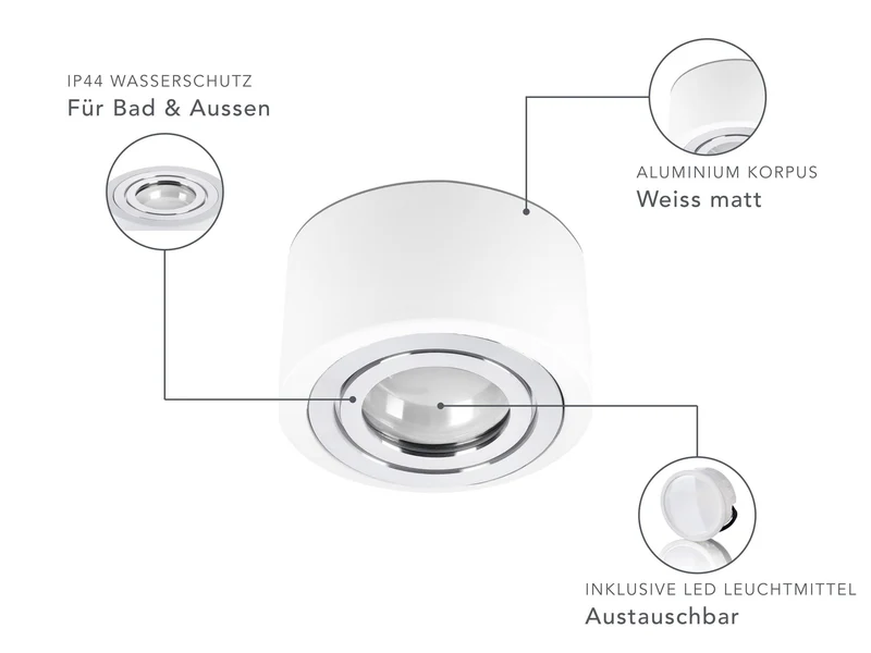 LED Aufbaustrahler IP44 Flach - Weiß mit Chromring 230V 5W Dimmbar 120° - Tablo