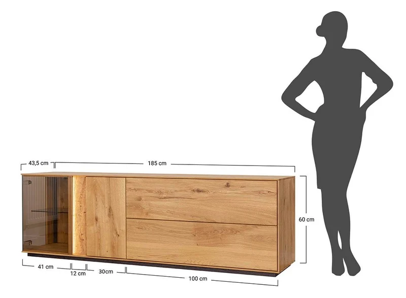 Beleuchtetes TV-Board Collodi aus massiver Wildeiche mit grober Holzstruktur und Schaukasten