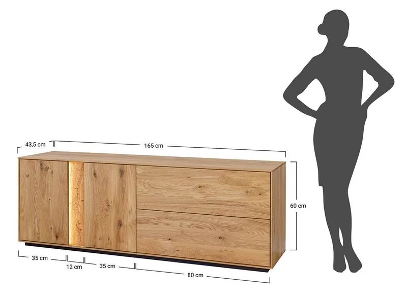 Beleuchtetes TV-Board Collodi aus massiver Wildeiche mit grober Holzstruktur