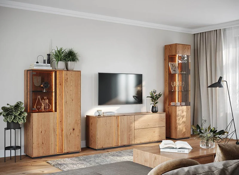 Beleuchtetes TV-Board Collodi aus massiver Wildeiche mit grober Holzstruktur