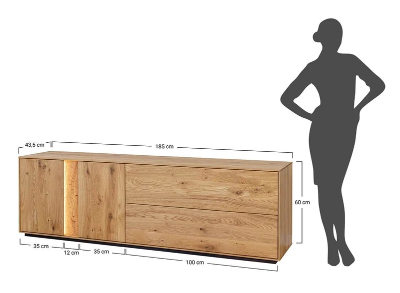 Beleuchtetes TV-Board Collodi aus massiver Wildeiche mit grober Holzstruktur
